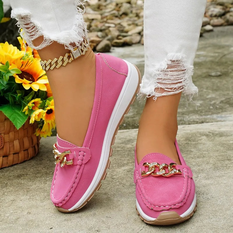 Women Flats 2026 Spring Autumn New Loafers Fashion Metal Decor Round Head Casual Shoes Female Daily Comfort Soft Soled Sneakers