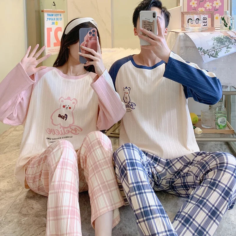Cartoon Cute Pajamas Set For Women Men Cotton Couples Homewear Autumn Spring Long Sleep Tops Pant Nightwear Mujer hombre