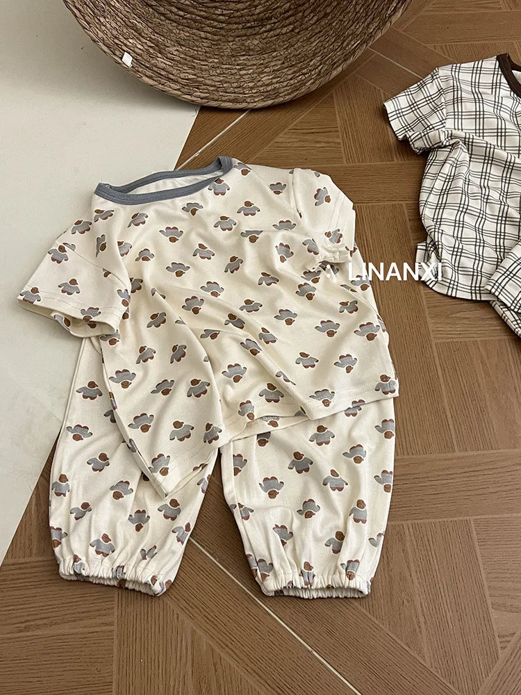 2025 Summer Kids Pajama Sets Home Wear Clothes Children's New Pajamas Knitted Set Cartoon Print Sleepwear Pajama Set