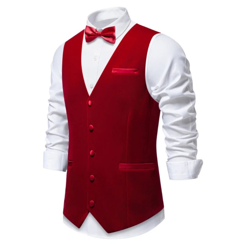 Royal Blue High-end British-Style Flat Velvet Suit Vest for Men,Fashion Casual Slim-Fit Men's Waistcoat with Bow Tie, Euro Size