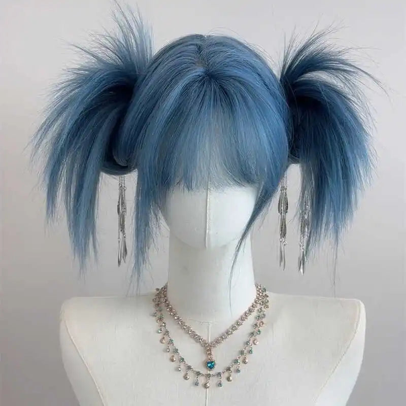 Long Straight Blue Grey Wig For Women Air Bangs Synthetic Hair Wig Natural Cool Tone Full Head Wig Daily Cosplay