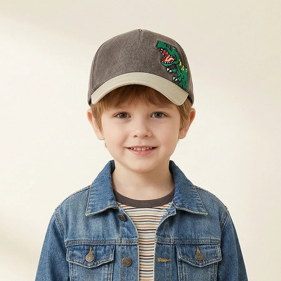 Children's Baseball Caps - Boys and Girls, Plaid Cotton Floppy Baseball Caps, Trendy Kids' Small Dinosaur Sun Protection Hats