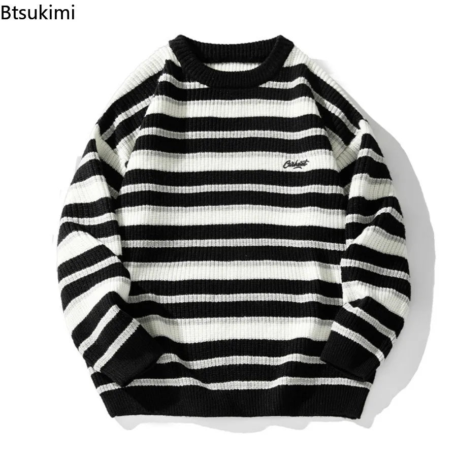 Vintage Striped Knitted Sweaters for Men Autumn Winter New Casual O-neck Embroidered Pullovers Street Style Couple Sweater Coats