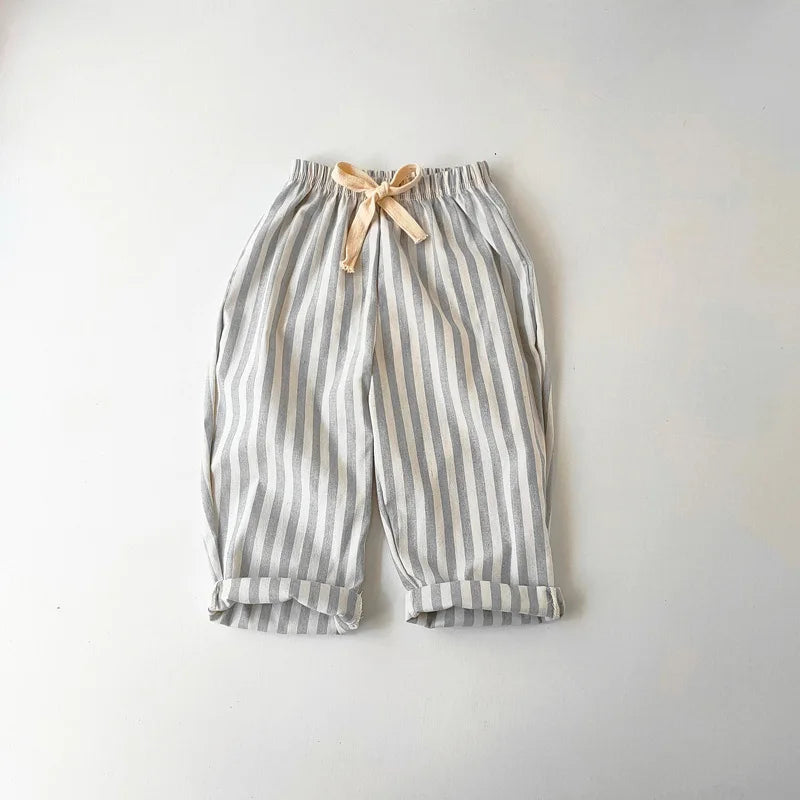 Linen Cotton Stripe Pants for Boys Girls Summer Autumn Casual Loose Kids Children's Trousers