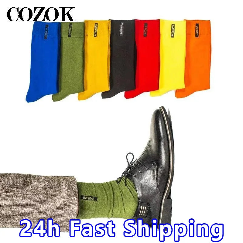 7 Pairs Fashion Mens Socks Combed Cotton Solid Color Business Socks For Man British Style Multi-colored Week Socks For Men Dress