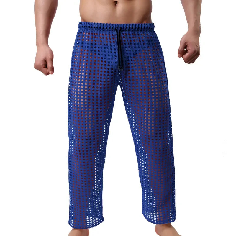 Mens Pajamas Sexy Mesh See Through Long Pants Sleepwear Fishnet Hollow Out Fitness Trousers Sleep Bottoms Sexy Underwear