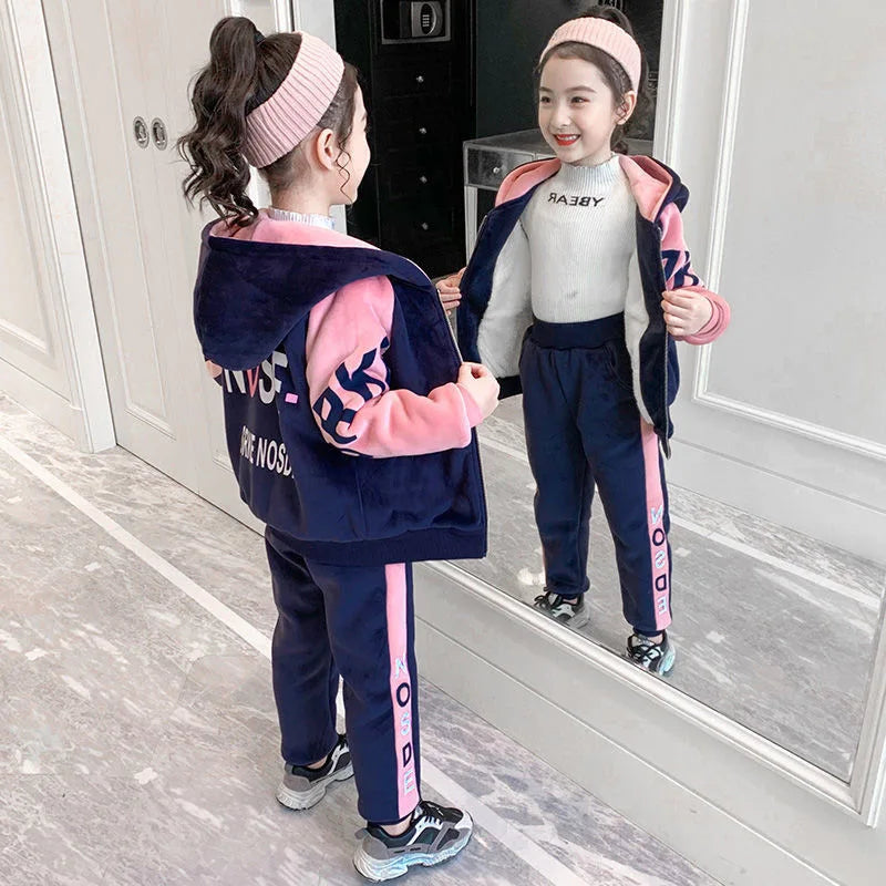 2026 Winter Autumn Girls Tracksuit Toddler Teenager Cloth Striped Velvet Jacket Hooded + Letters Pant Children Kids 8 10 12 Year