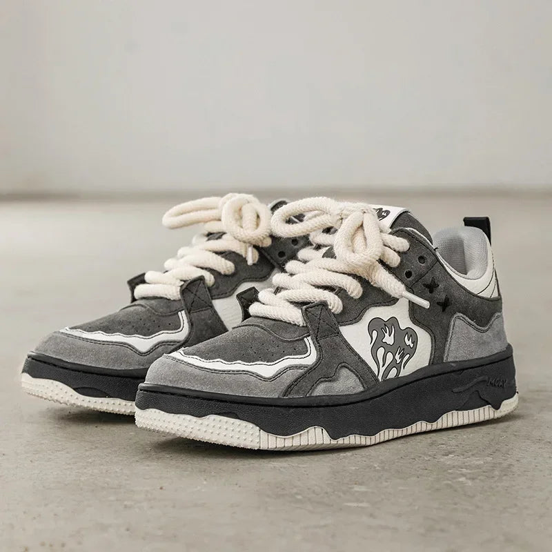 Women Sneakers Fahsion Design Flame Mixed Color Shoes Femme Sports Leisure Versatile Fashion Shoes Retro Trend Shoes Gray Tenis