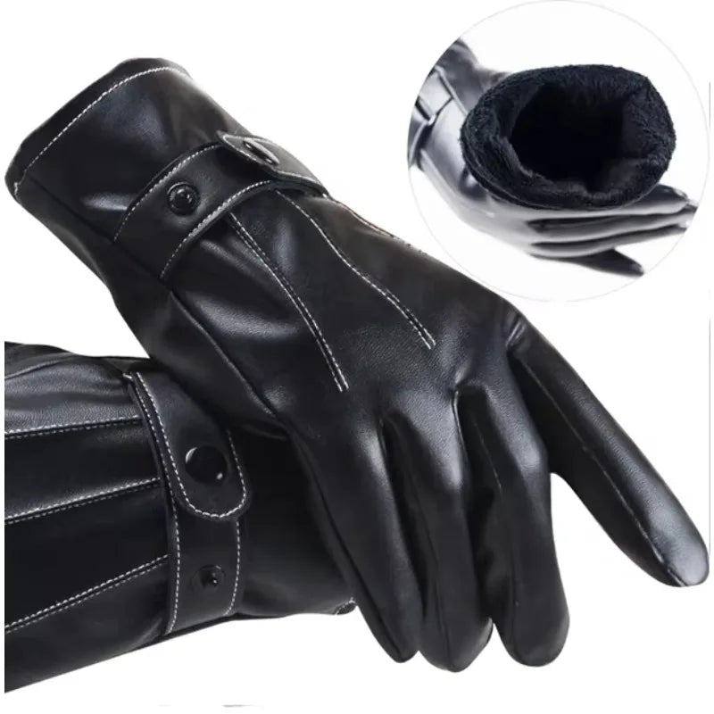 Winter Gloves for Men PU Leather Button Warm Mittens Outdoor Sports Driving Skiing Men's Windproof Black Gloves Winter Supplies