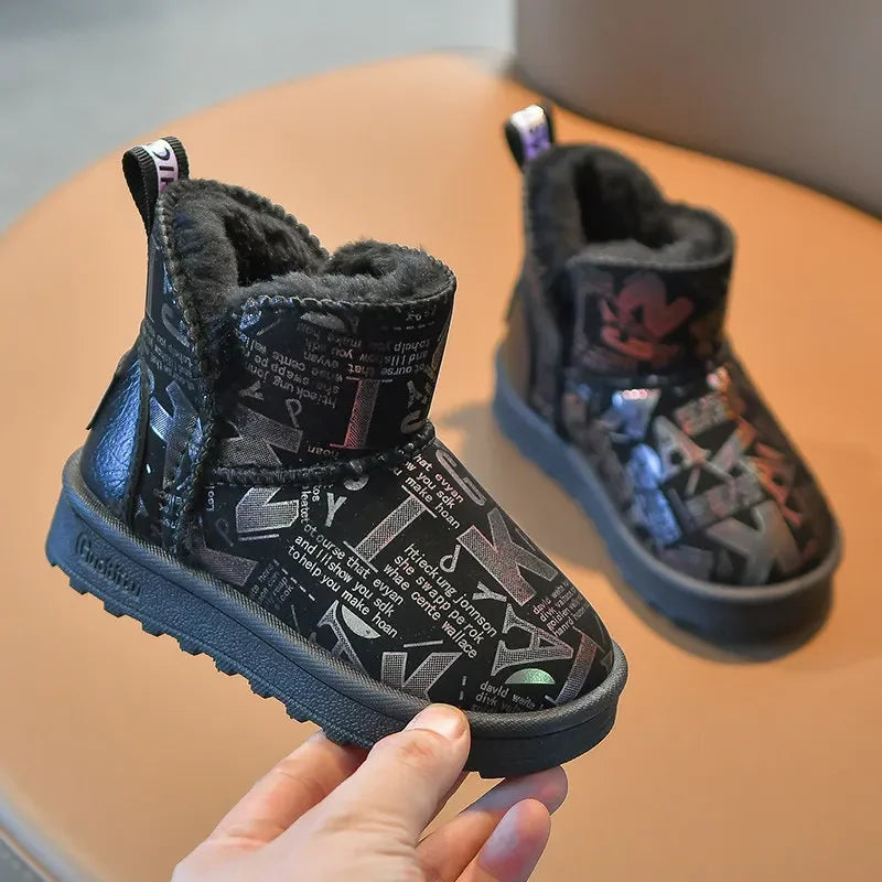 Children's Waterproof Non-slip Leather Boots Stylish and Shiny Kids Winter Fur Warm Shoes Girls' Plush and Thickened Snow Boots