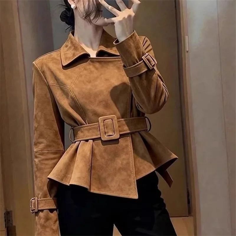 Women Leather Jacket 2026 Spring Short Unique Super Beautiful Retro High-End Feeling Brown Suede Coat Outerwear Match Belt