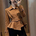 Women Leather Jacket 2026 Spring Short Unique Super Beautiful Retro High-End Feeling Brown Suede Coat Outerwear Match Belt