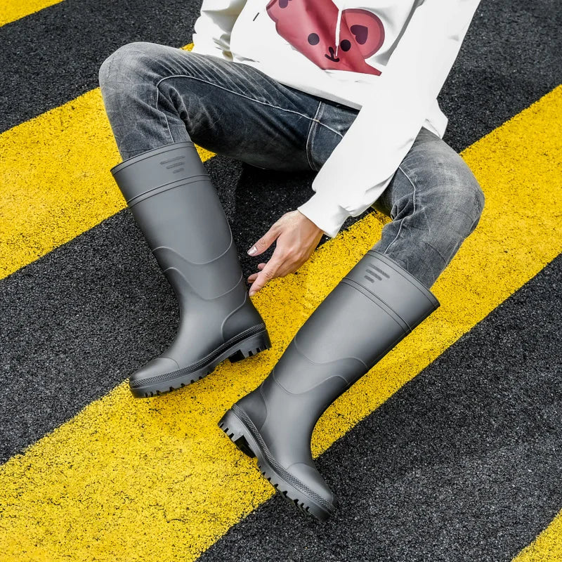 Men's High-Top Rain Boots, Black, Non-Slip, Waterproof, Wear-Resistant, Outdoor Boating, Fishing, Long-Tube Water Shoes, Farm Work Rain Boots