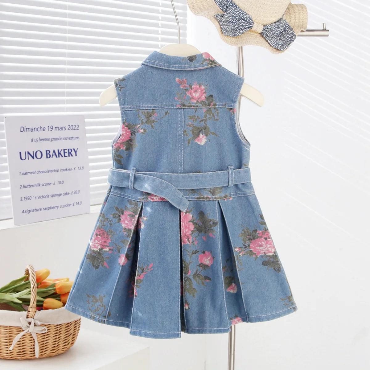 Kids Girls Floral Printed Denim Dress Summer Sleeveless Turn Down Collar Jean Vest Dress Fashionable Children Outfit