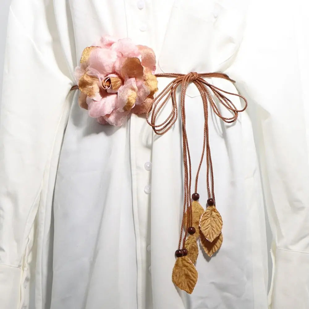 Women Big Flower Decorative Dress Accessories Handmade Bohemian Waistband Tassel Braid Belts Tie Strap Woven Waist Rope