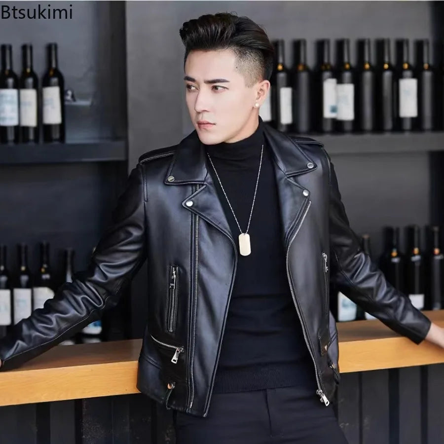 Men's PU Leather New Leather Jacket Sheep Suit Motorcycle Leather Coat Male Streetwear Regular Slim Handsome Large Size Jacket