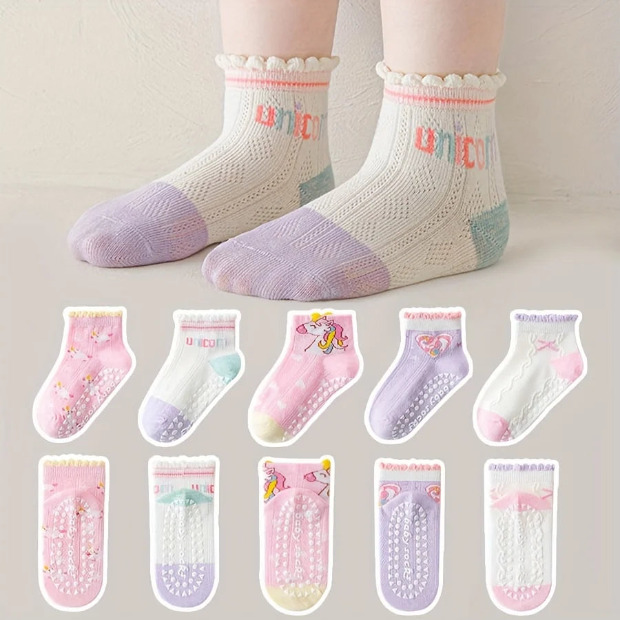 5 Pairs of Kidsren's Floor Socks with Lace Glue, Heart Unicorn Pattern, Boys and Girls, Baby Toddler Soft-Soled Shoes, Indoor Non-Slip Rainbow Pony Mid-Calf Socks, Suitable for Casual Daily Life