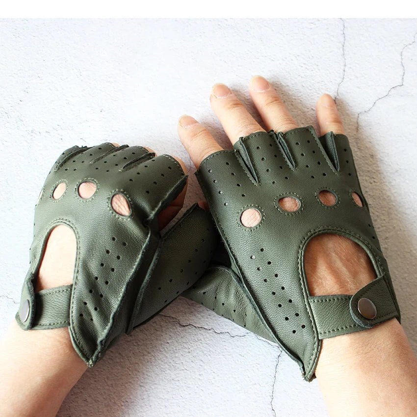 Men's Summer Driving Gloves Goat Leather Half Finger Thin Outdoor Sports Fashion Military Green Motorcycle Riding Outdoor Gear