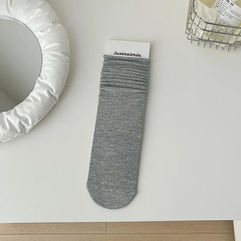 Women Socks Japanese Fashion Cotton Thin Breathable Long Socks Women Korean Style Casual Solid Color Black White Gray Socks Sox