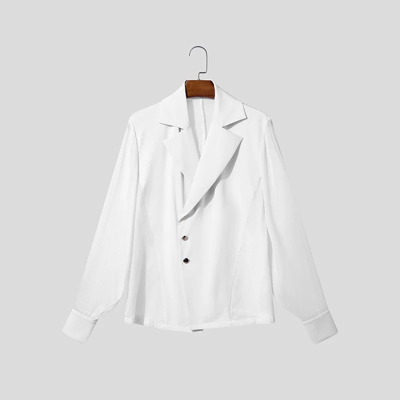 INCERUN Men Blazer Mesh Patchwork Lapel Long Sleeve See Through Male Suit Streetwear Sexy Button 2026 Fashion Casual Thin Coats