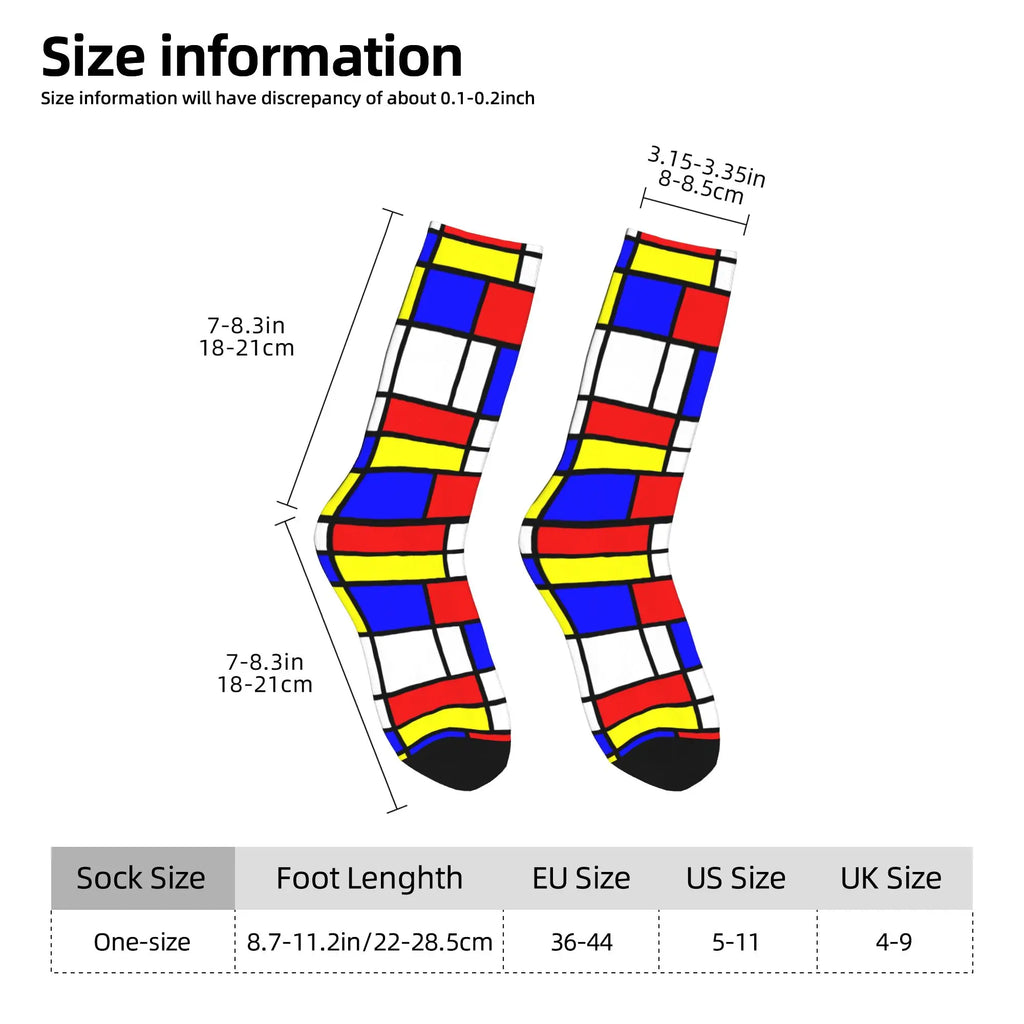 Custom Color Art Retro Mondrian Men Women Crew Socks Unisex Fashion 3D Printed Abstract Art Plaid Dress Socks