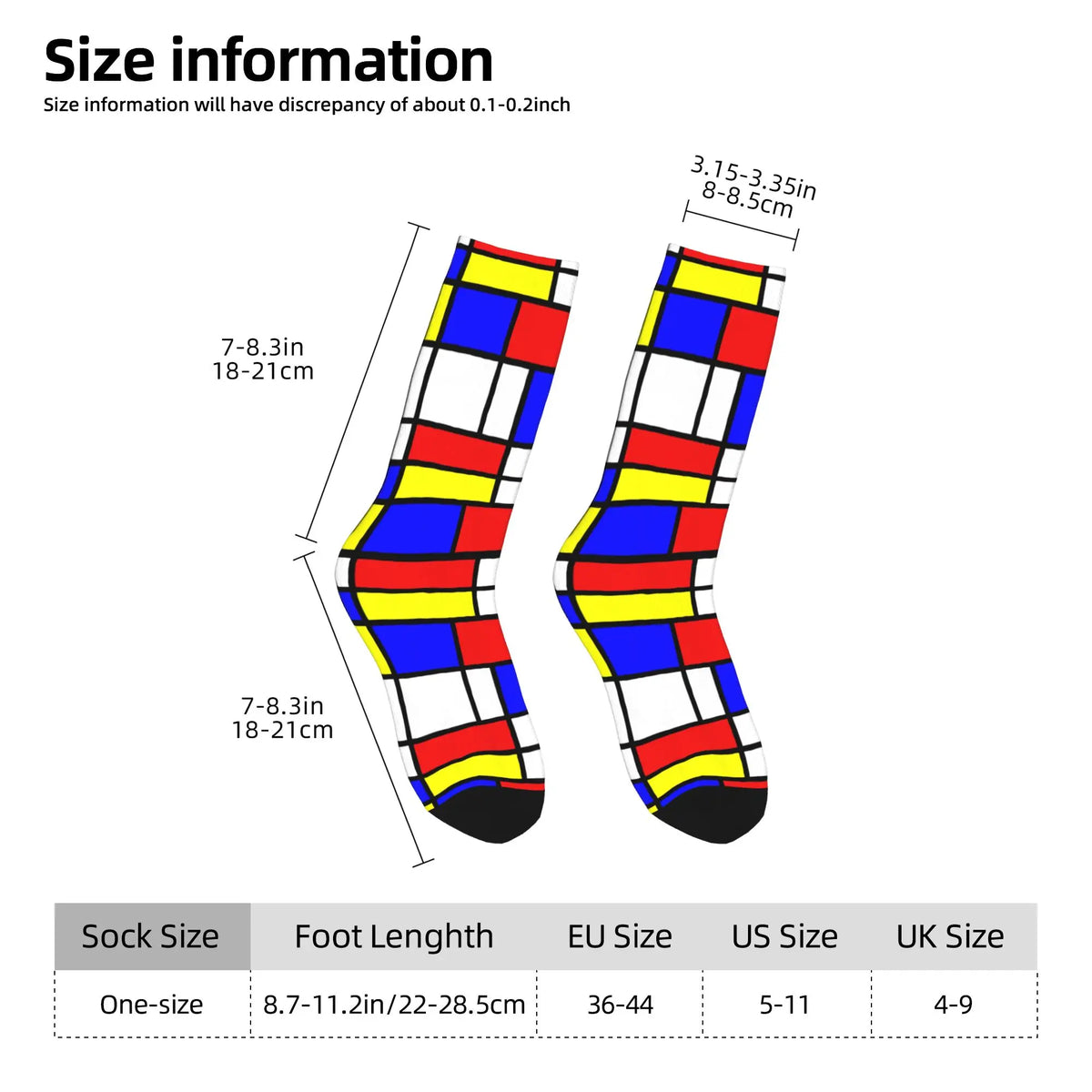 Custom Color Art Retro Mondrian Men Women Crew Socks Unisex Fashion 3D Printed Abstract Art Plaid Dress Socks