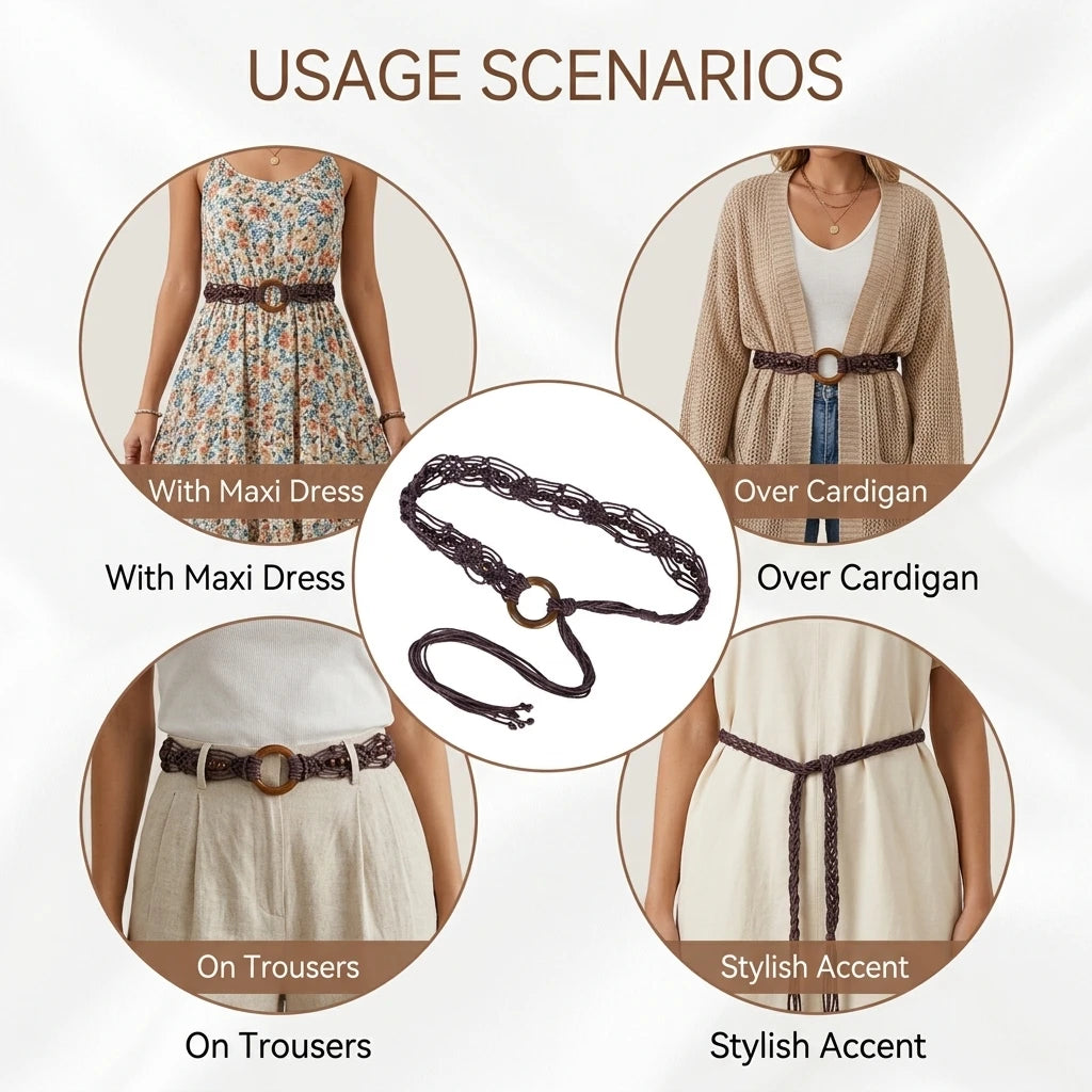 Bohemian Woven Belt for Women with Wooden Buckle Handcrafted Adjustable Long belts Skirt Accessory Stylish Casual Use