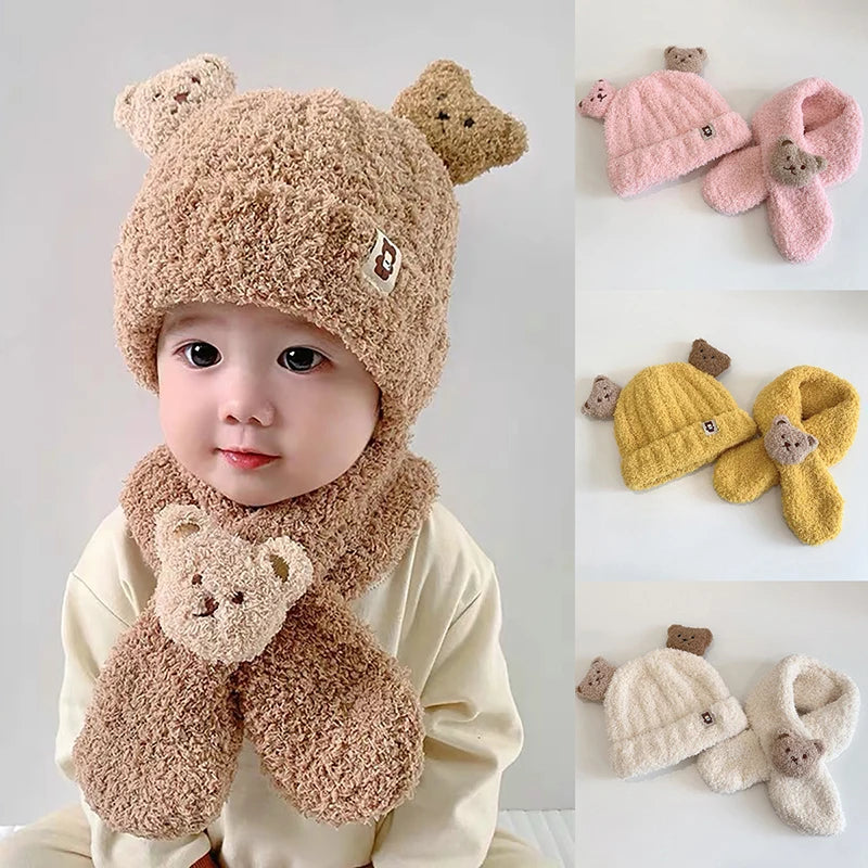 Baby Hat Scarf For Girls Boys Winter Warm Set Cartoon Bear Cold-proof Clothing For Kids Children Stuff Brimless Cap Scarf