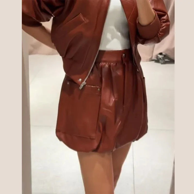 2026 Autumn Winter Street Pu Leather Coat Pants Suit Women Slim Full Sleeve Lapel Zipper Solid Coat High Waist Trouser Outwear