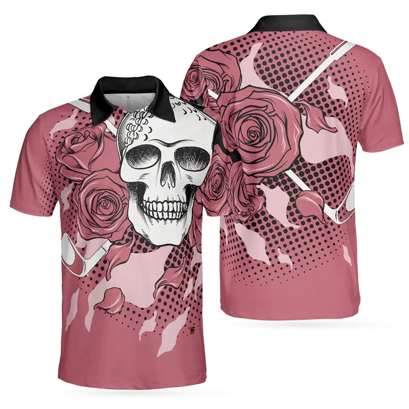 3D Print Skull Fashion Men's Polo Shirt Fashion Trendy Skull Flower Streetwear Unisex Short Sleeve Golf Sport Shirt Button Tops