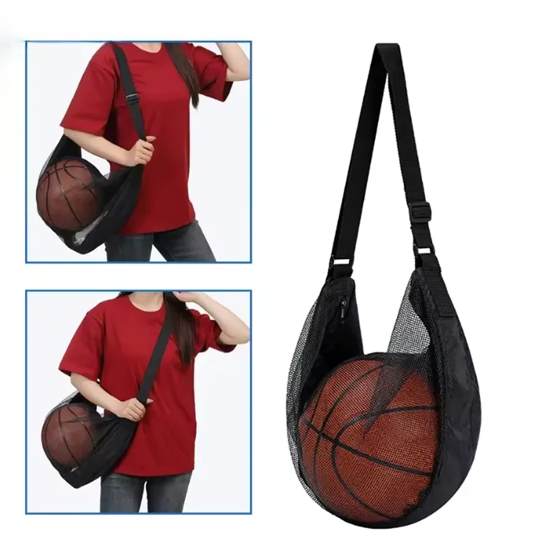 1 Pcs Single Ball Bag With Zipper Pocket Mesh Ball Storage Bag Sport Equipment Drawstring Sling Storage Net Carrying Basketball