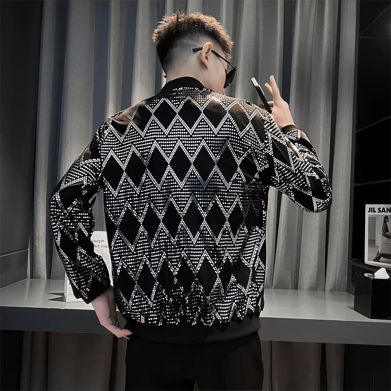 Jas Men's New Diamond Plaid Jackets Men Hip Hop Y2K Bombers Jacket Night Club Stage Streetwear Thin Coat Clothing Veste Homme