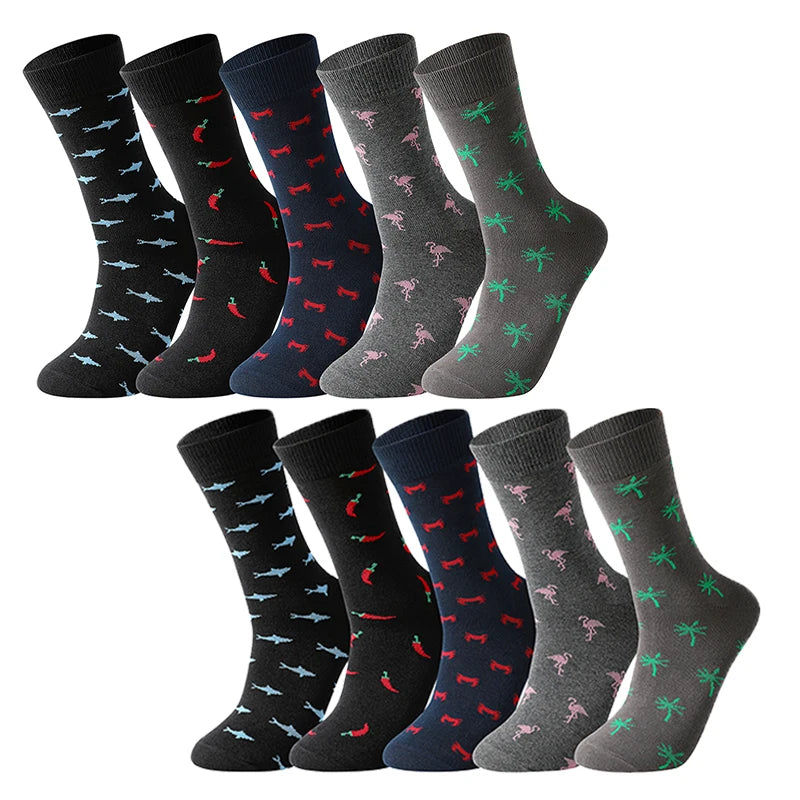 5 Pairs Men's Socks Cotton Business New Fashion Funny Sock With Print Animals Cartoon Middle Sock Male Casual Dresses Clothing